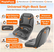Load image into Gallery viewer, High Back Vinyl Compact Tractor Seat 530 FITS Kubota, Yanmar Massey Ferguson Mitsubishi White Satoh Mahindra Hesston Rhino Kumiai_#MF530BK